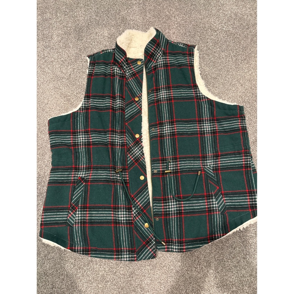 Maurices Plaid Sherpa Lined Clinched Waist Vest Women 2X Green Red‎ Cozy Zip